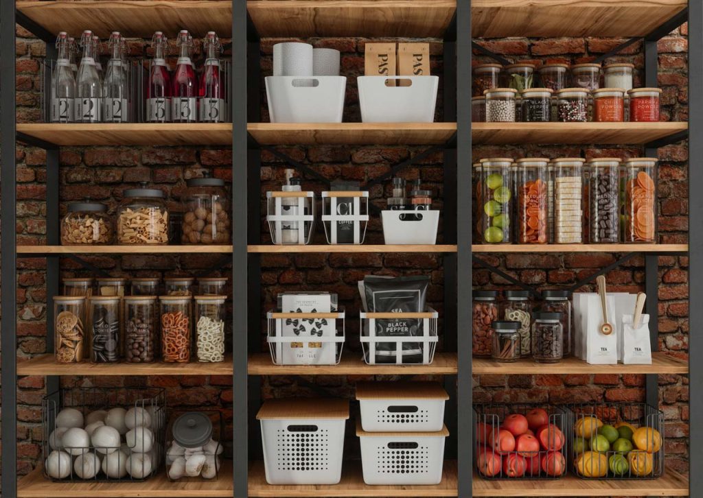 Shelves with neatly organized food