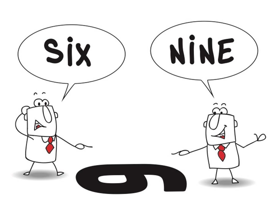 Two stick figures arguing over a number that could be a 6 or a 9